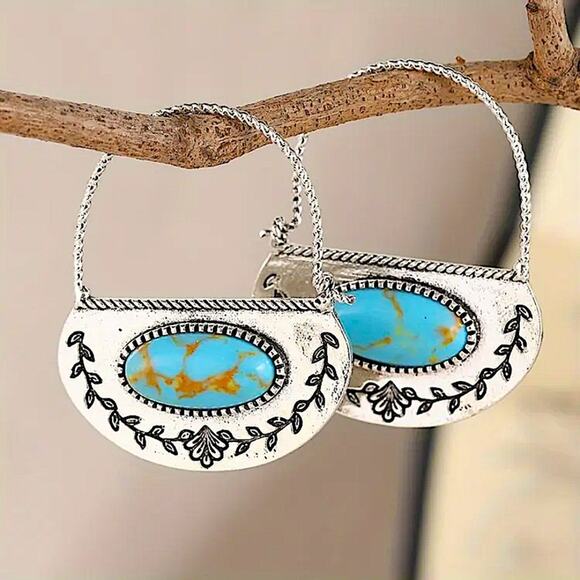 Silver Turquoise Dangle Earrings Boho Western Design Tribal - Picture 1 of 4